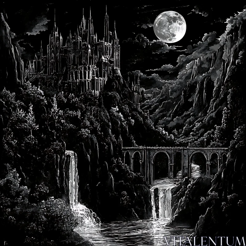 Moonlit Castle and Waterfall Landscape