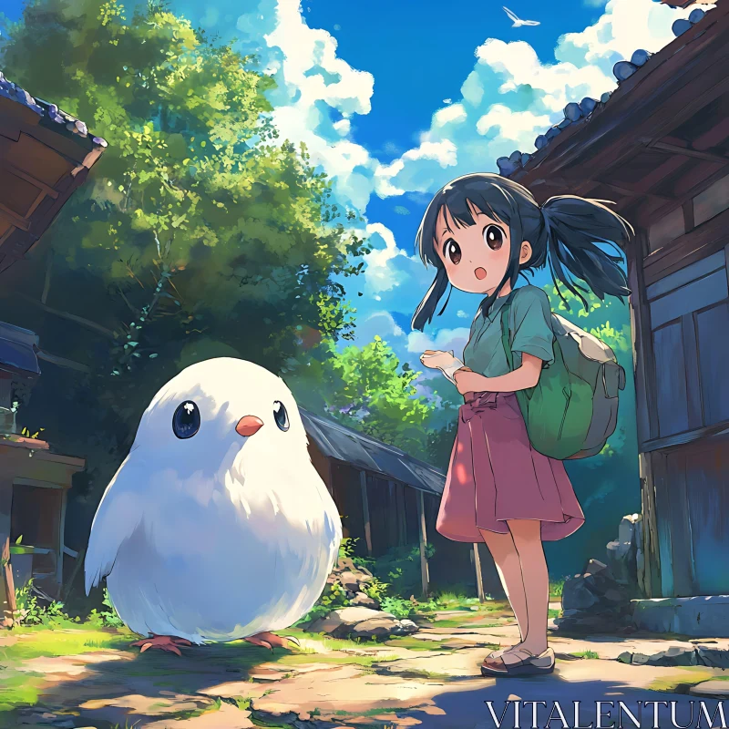 AI ART Anime Girl and Giant Fluffy Bird in Sunlit Countryside