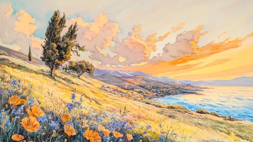 Coastal Meadow at Sunset Watercolor Art
