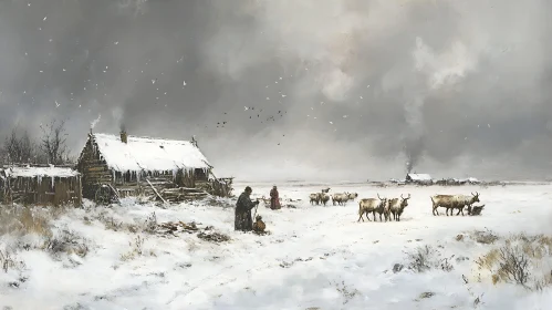 Snowy Village Scene with Animals