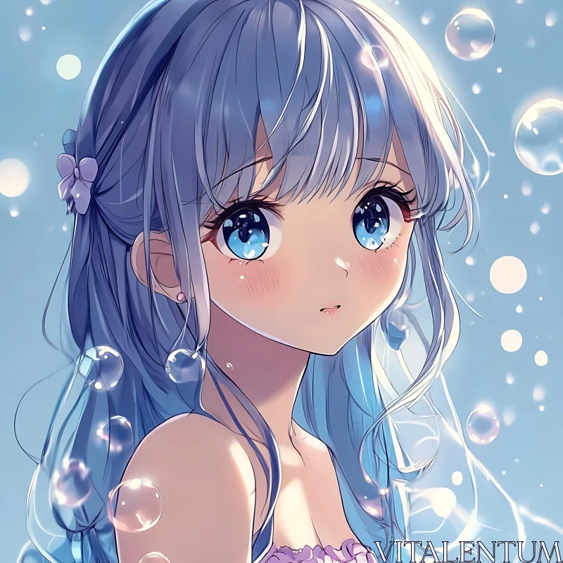 Dreamy Anime Portrait with Blue Hair and Bubbles AI Image