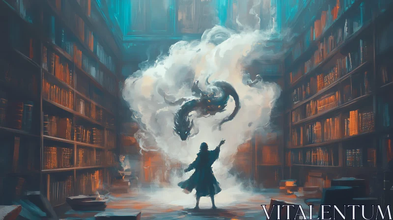 Wizard Conjuring Dragon in Library