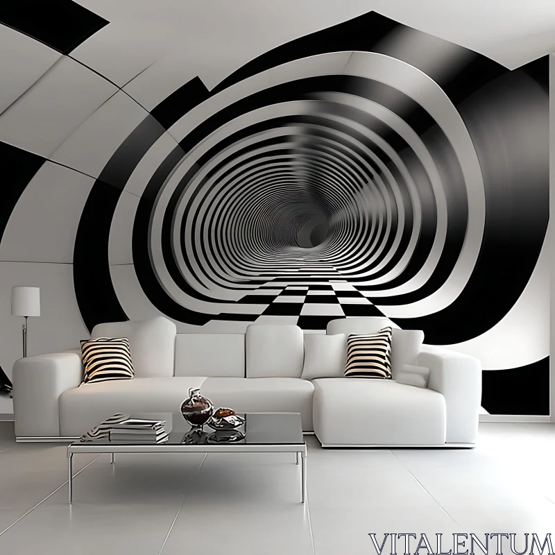 Contemporary Minimalist Living Room with Swirling Tunnel Illusion