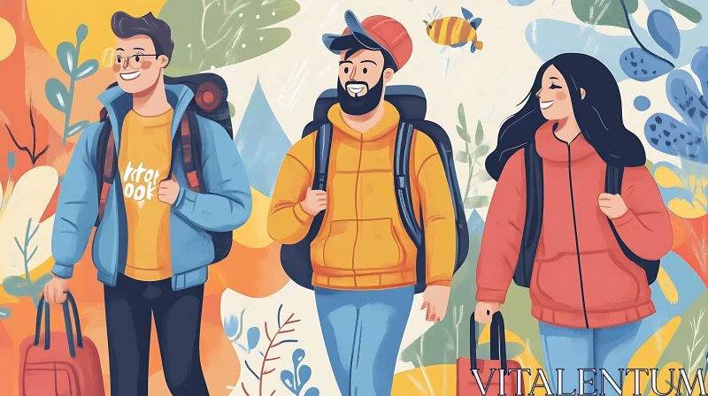 Cartoon Friends Hiking Trip AI Image