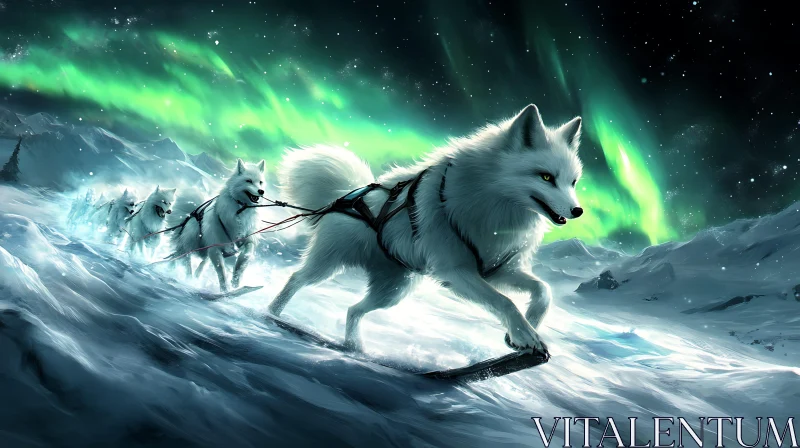 White Wolves and Aurora Borealis Landscape