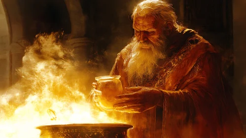 Ancient Alchemist Mixing Ingredients with Magical Fire