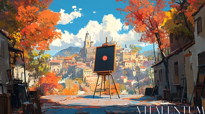 Easel in Autumn Cityscape