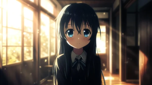 Anime School Girl with Blue Eyes