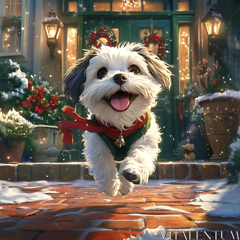 Joyful Puppy Running in Snowy Holiday Decor
