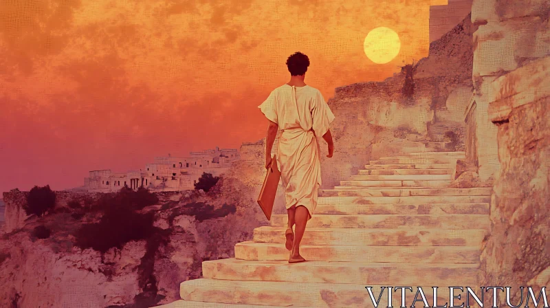 Man Climbing Stairs Towards Sunset AI Image