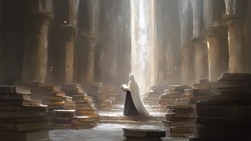 Scholarly Pursuit in Old Library Painting