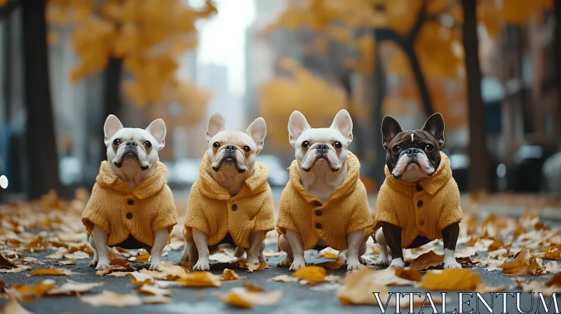 French Bulldogs in Cozy Yellow Sweaters on an Autumn Day