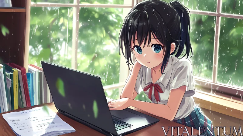 Anime Schoolgirl Focused on Homework