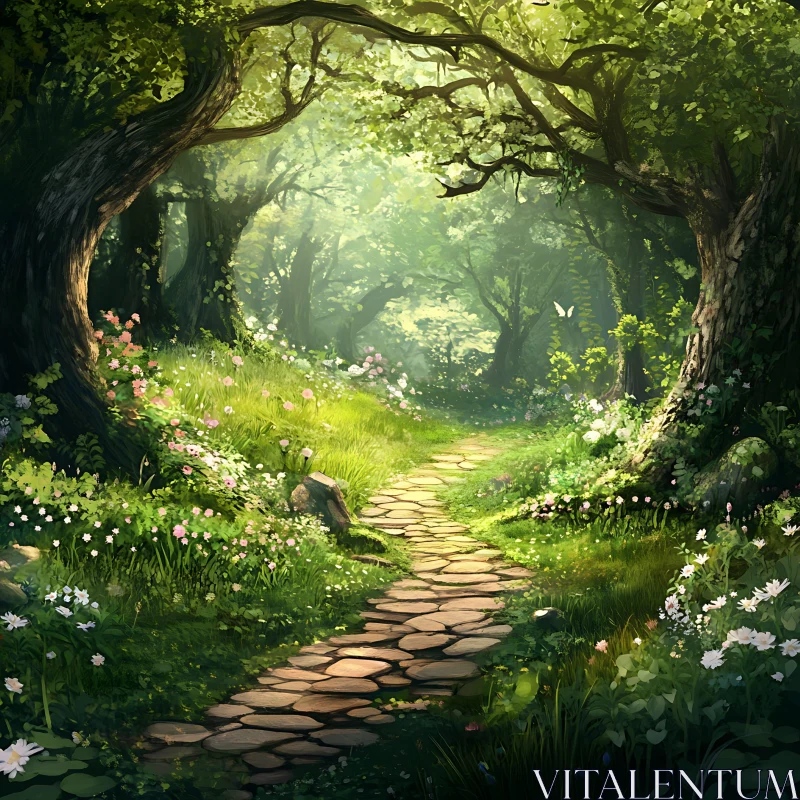 Tranquil Forest Path Surrounded by Nature AI Image