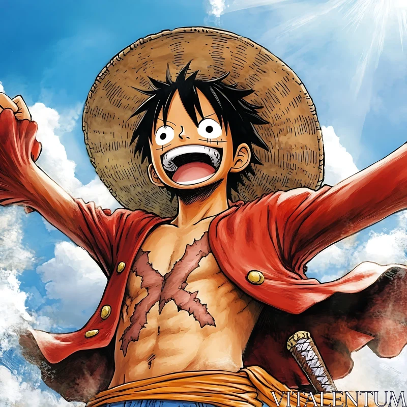 Energetic Anime Character Beneath a Blue Sky