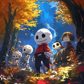 Whimsical Skeletons in Fall Landscape