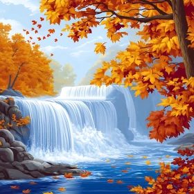 Waterfall in Autumn Landscape
