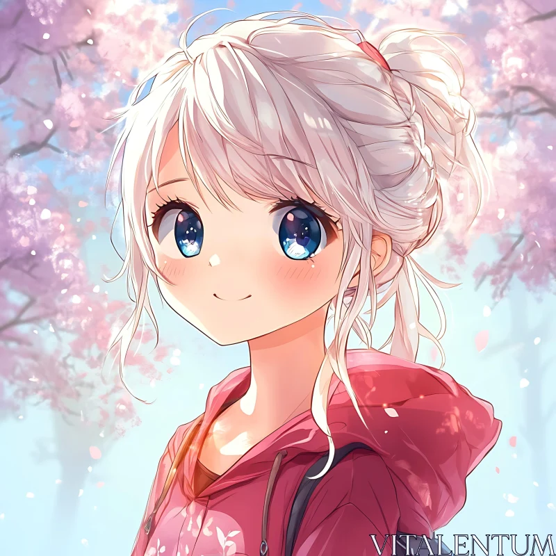 Cute Anime Character in Blossoming Cherry Trees
