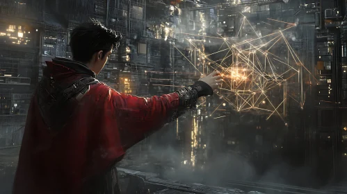 Man Manipulating Geometric Shapes in Future City