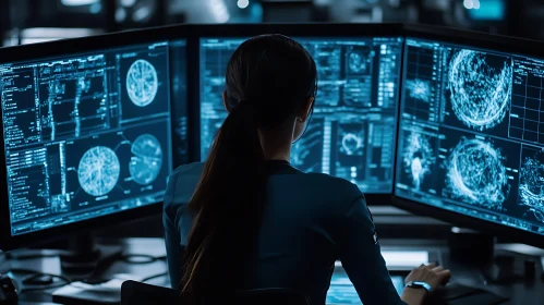 Woman Analyzing Data on Multiple Screens