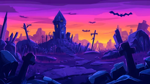 Cartoon Graveyard at Sunset