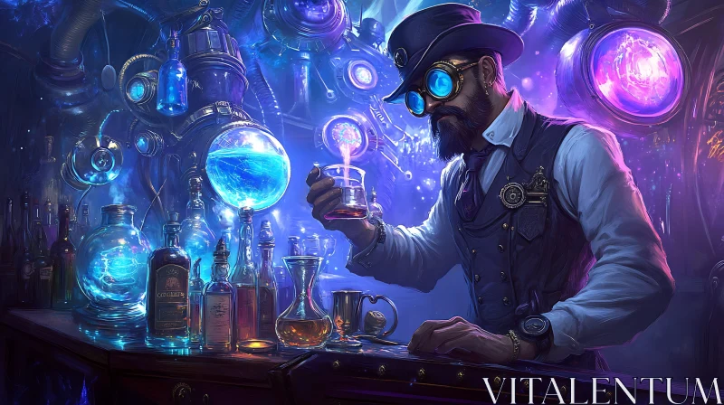 Man in Steampunk Lab Mixing Potion