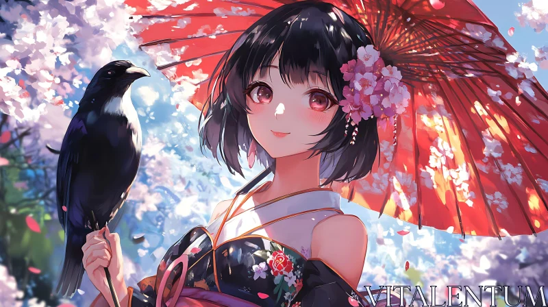 Anime Girl with Crow and Blossoms