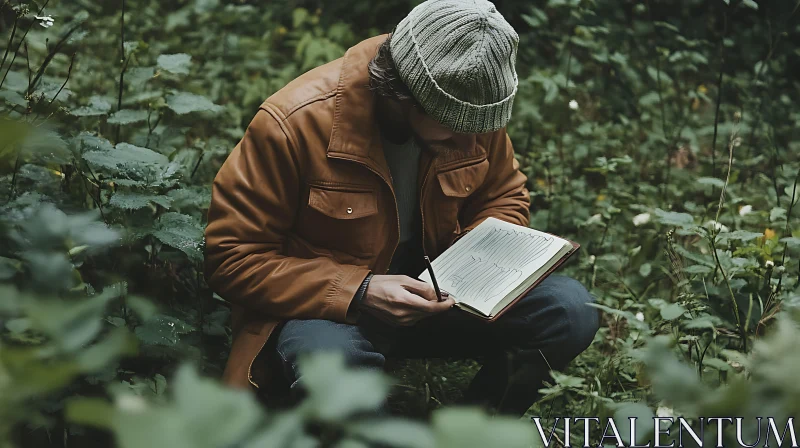 Man Sketching in Forest Environment AI Image