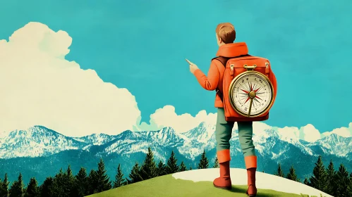 Adventurer with Compass Facing Mountains
