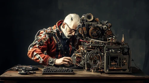 Man Repairing Steampunk Device