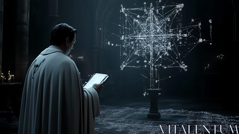 Cloaked Figure Reads Before Geometric Light AI Image