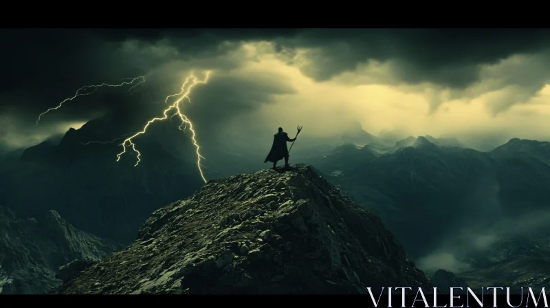 Silhouette on Peak During Lightning Storm