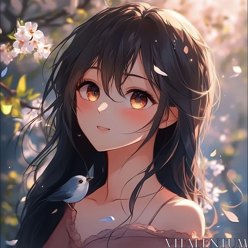 Whimsical Anime Scene of Girl with Bird