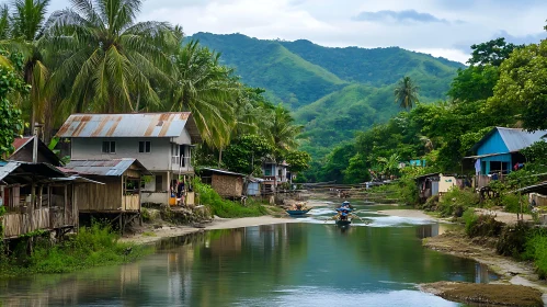 Tranquil River Village with Lush Greenery