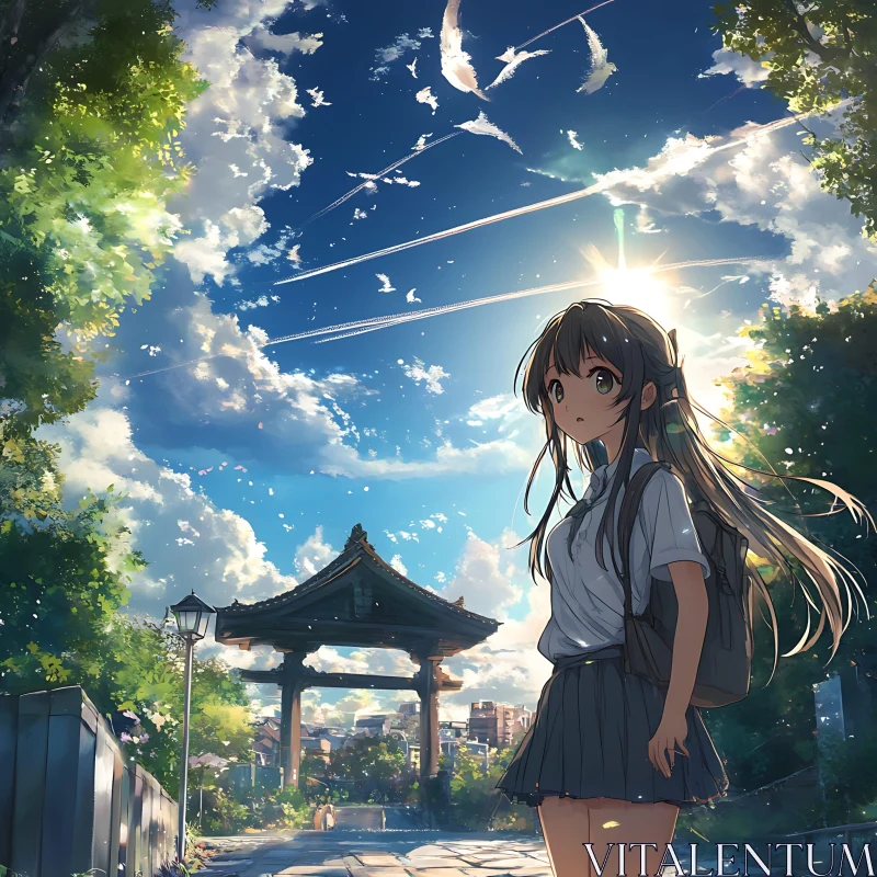 Serene Anime Scenery with Schoolgirl