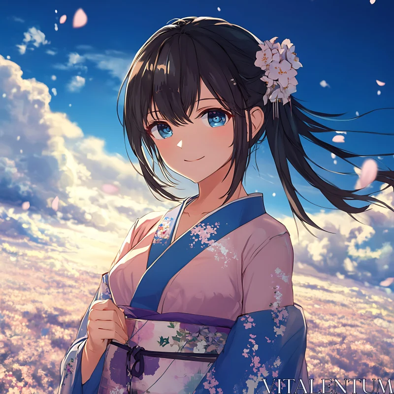Serene Anime Girl Amidst Blossoms and Sunset Sky AI Image