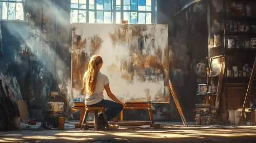 Woman in Art Studio Painting Abstract