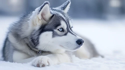 Snowy Husky Portrait with Blue Eyes