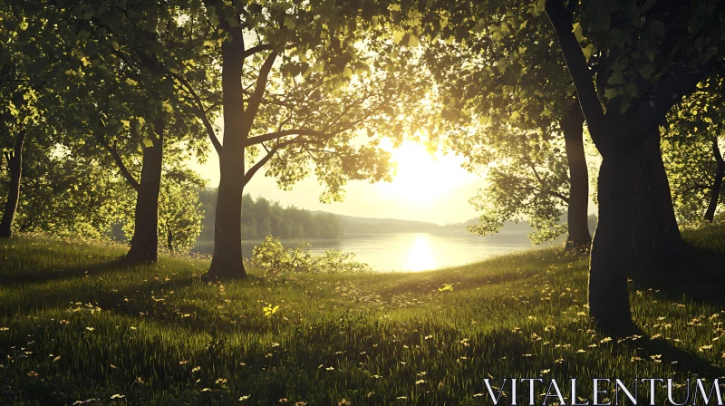 Peaceful Lake View with Sunlight Through Trees AI Image