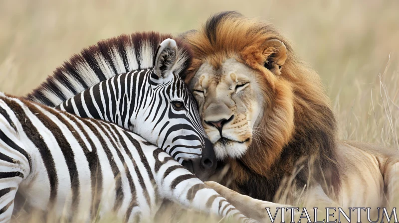 A Lion and Zebra Resting Together AI Image
