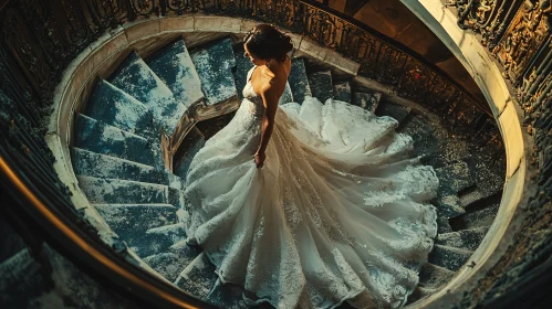 Woman in Wedding Dress on Stairs