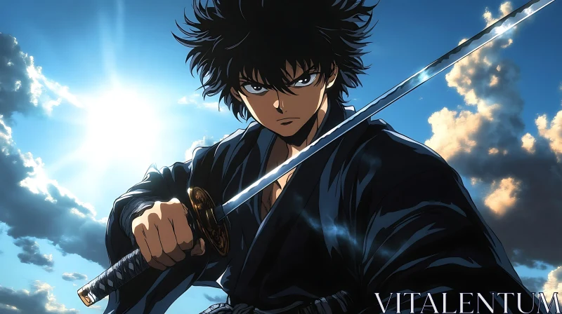 Fierce Anime Warrior with Sword at Dusk