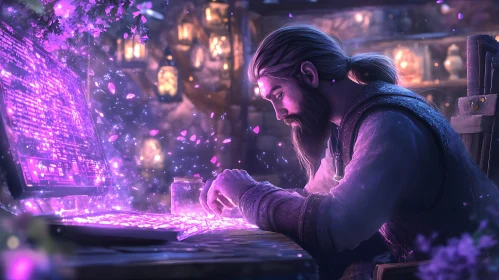 Man Working on Magical Laptop