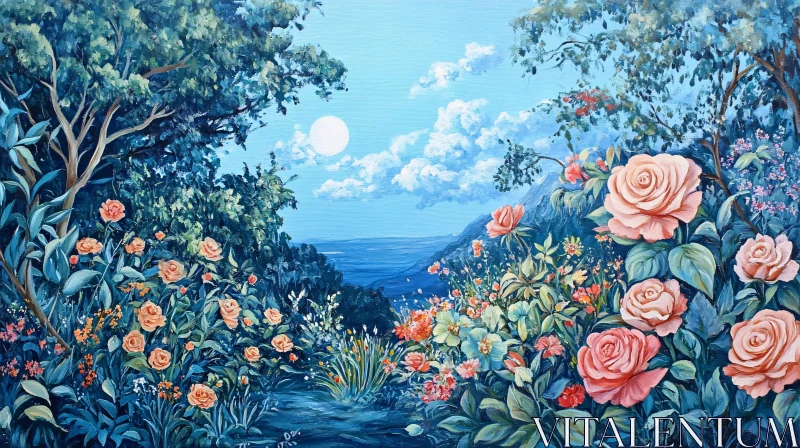 Roses Garden Painting under Blue Sky