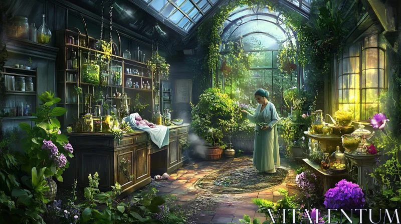 Peaceful Greenhouse Scene with Herbalist and Baby