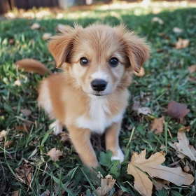 Charming Puppy on Green Grass in Autumn