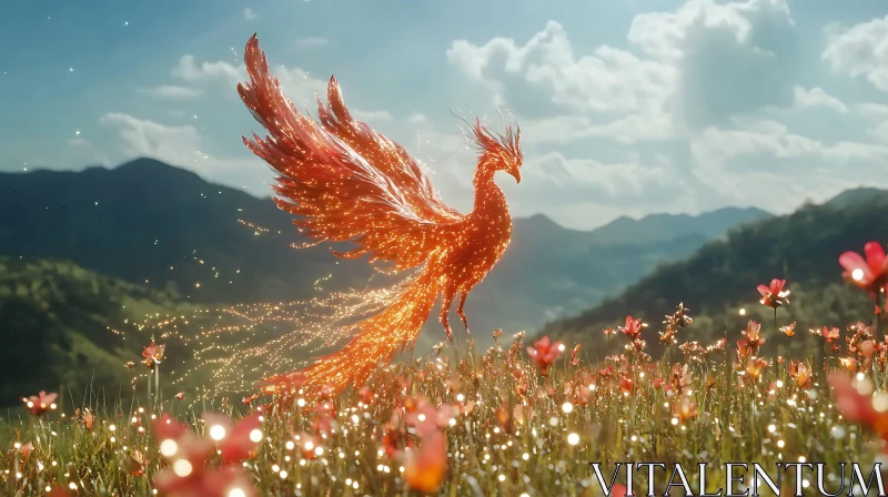 Fiery Phoenix in a Flower Meadow