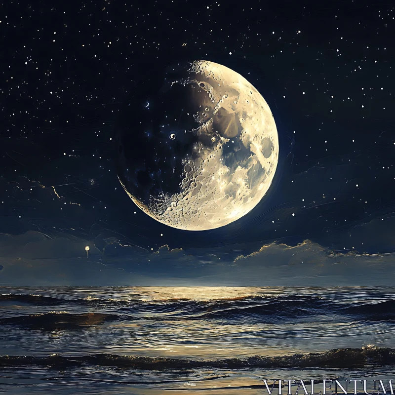 Ocean at Night with Moon and Stars