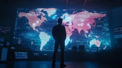 Man Standing Before World Map Display