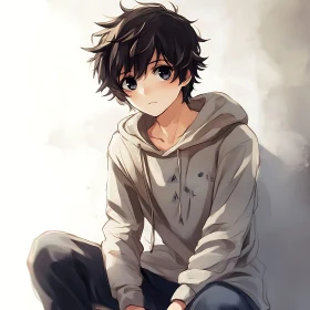 Pensive Anime Boy Sitting in Casual Hoodie